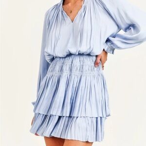 RESET by Jane Blue Pleated Tiered Mini Dress Sleeveless Halter Smocked Waist Sm